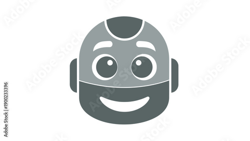 A simplified, cartoon robot face with a gray color scheme, a smile, and round eyes