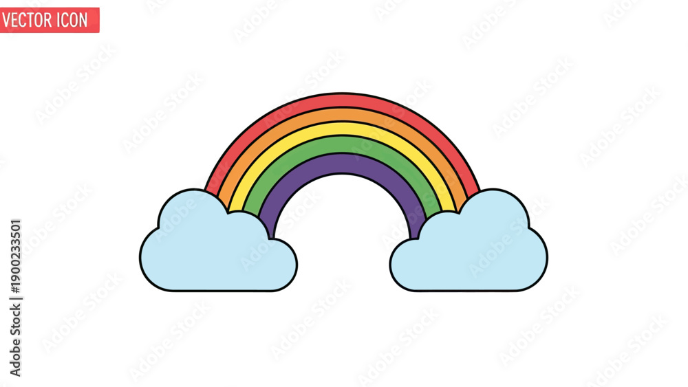 Fototapeta premium Simple cartoon illustration of a rainbow arching over fluffy clouds, set on a white background