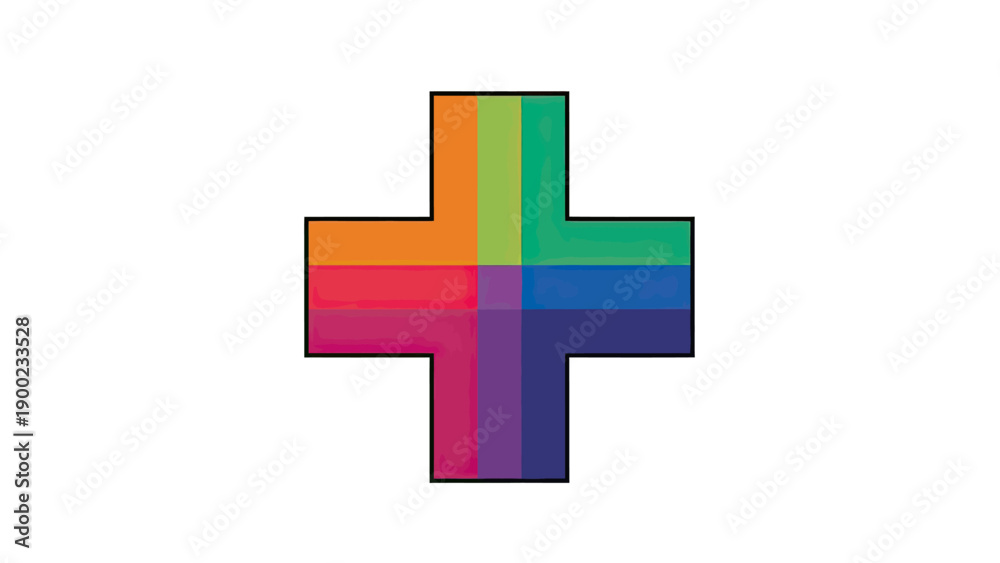 Obraz premium A colorful plus sign shape, each quadrant a gradient color, set against a white backdrop