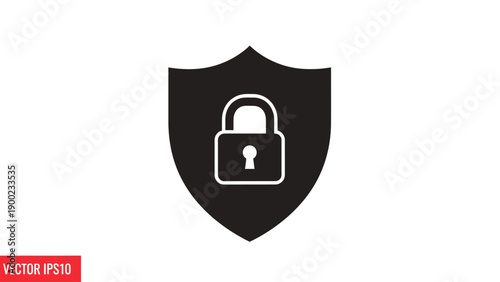 A black shield icon with a white padlock, centered on a white background. Vector illustration