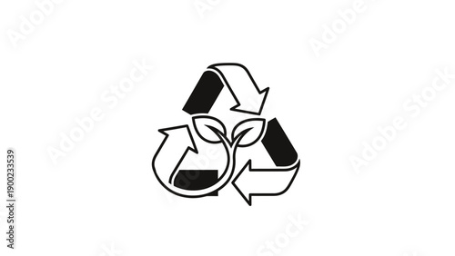 A stylized recycling symbol with three arrows forming a triangle, with leaves at its center