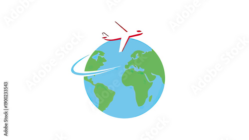 A stylized image featuring an airplane flying over the earth, with a blue swirl