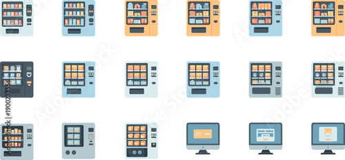 Snack and beverage vending machine digital self service kiosk illustration set featuring automated retail food dispenser vector collection