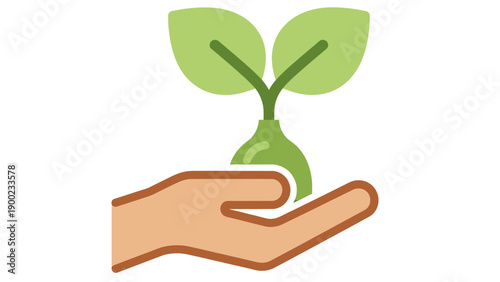 A graphic of a hand cradling a small plant with two green leaves on a white background