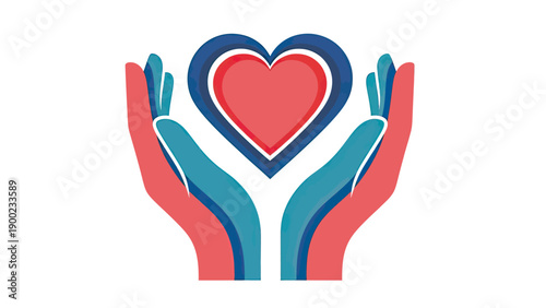 Vector illustration of two hands cupping a layered heart shape in red and blue tones