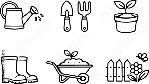 Gardening elements including tools and plants.
