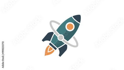 A teal and navy rocket with orange exhaust and a circle with a grey ring around it