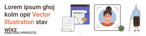 Identity verification, elder support, document management, financial billing, digital records, personal data. A facial recognition frame, invoices and an elderly woman. Identity verification