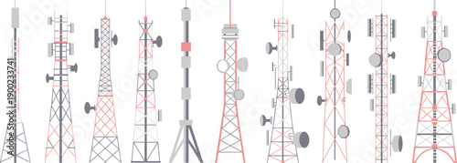 Telecommunication radio tower set vector illustration featuring cellular antenna masts wireless network infrastructure isolated on white background design for technology