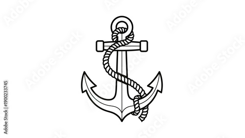 A black and white line drawing of an anchor, with rope, set against a white background