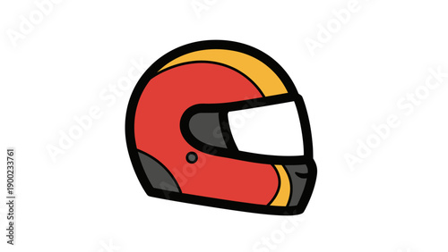 A cartoon-style racing helmet, primarily red with black outline and gray accents, on white