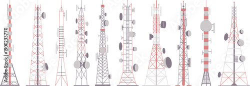 Telecommunication radio towers collection vector illustration with antenna masts cellular signal infrastructure isolated on white background design for wireless network