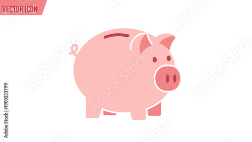 A pink piggy bank icon, with slot for coins. A simple vector design on white background