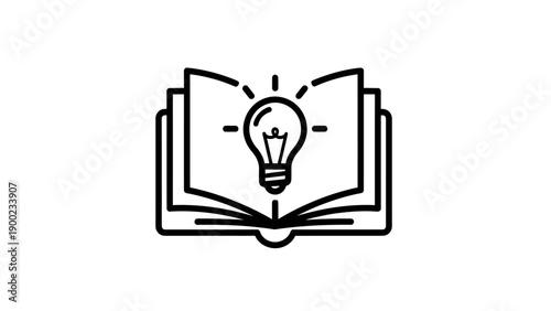 An open book with a light bulb radiating lines of light. Illustration on a white background