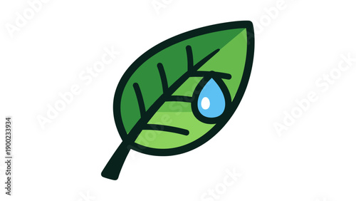 A green leaf with black outlines and a water droplet against a white backdrop