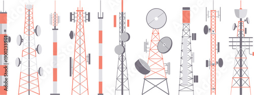 Telecommunication towers vector set featuring radio cellular antenna masts signal transmission equipment isolated flat illustration for wireless network infrastructure design