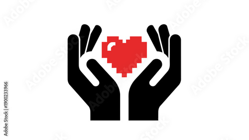 Black hands cupping a red pixelated heart on a white background