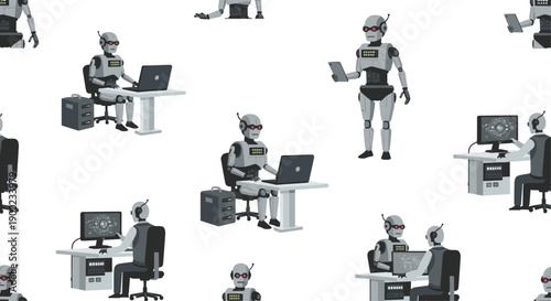 Seamless pattern of advanced robots performing office tasks, including laptop and desktop computer operation,