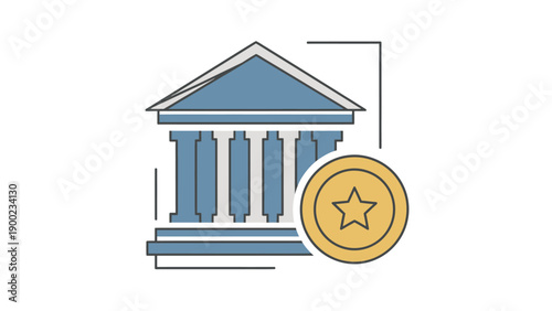 Stylized illustration building with pillars & coin with star