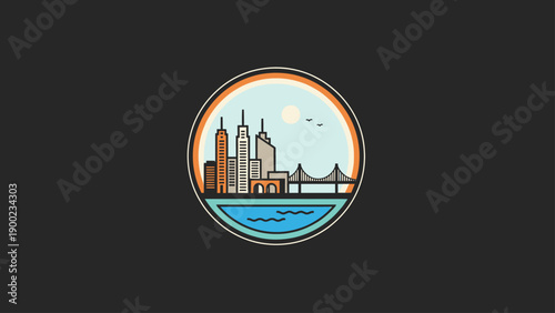 Circular illustration of a cityscape with buildings, a bridge, and water, on a dark background