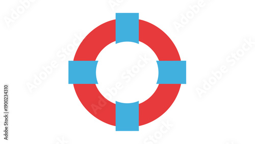 A red lifebuoy with four blue rectangular attachments, centered on a white background