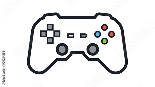 A minimalist illustration of a gamepad with colorful buttons and a directional pad