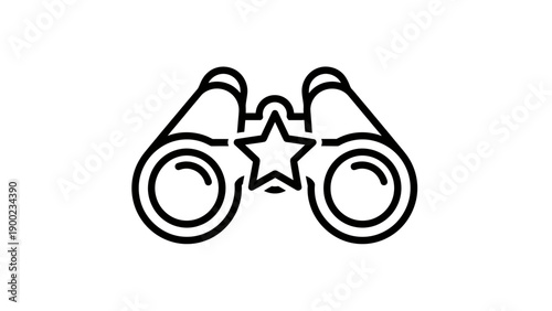 Black and white line art of binoculars with a star shape between