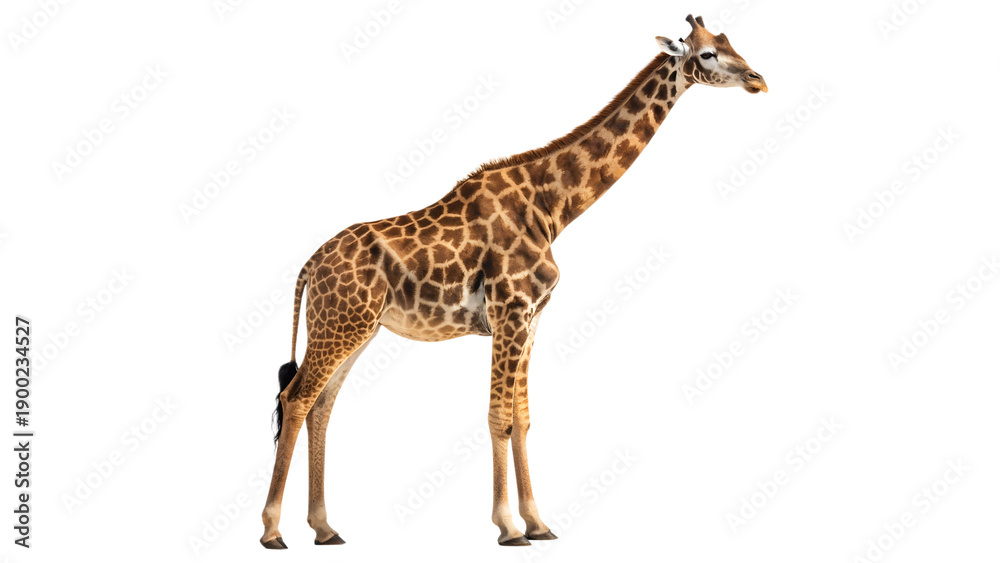 Naklejka premium A tall, spotted young giraffe stands in profile as a cute wildlife mammal isolated on a white background, featuring its long neck and characteristic brown head in a high-angle nature shot