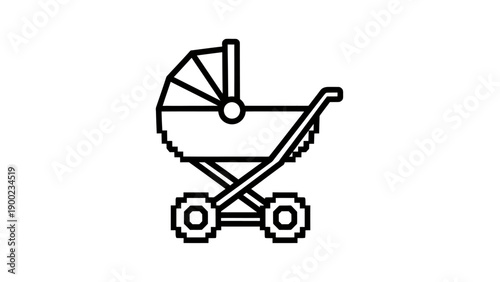 A pixelated black and white outline of a baby stroller with a hood, wheels, and handle