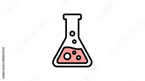 A laboratory flask icon with liquid and bubbles on white background