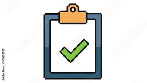 Pixelated clipboard with a green checkmark, orange clip, and blue frame