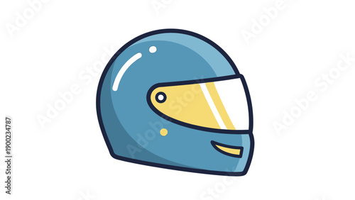A vector illustration depicts a blue racing helmet with a yellow visor on a white background