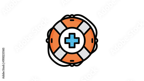 A stylized life preserver icon, orange and grey with a blue cross, centered on white