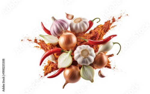 A vibrant arrangement of garlic, onions, and red chili peppers with splashes of orange spice on a transparent background