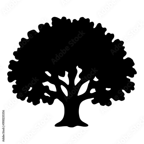 Illustration of silhouette of a mature oak tree with a dense, rounded canopy