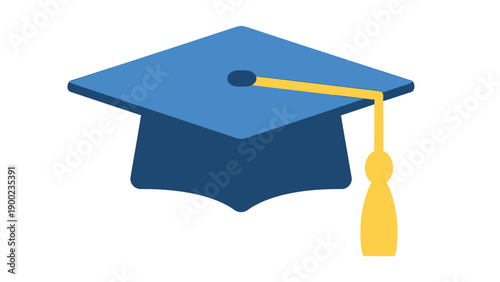 An isometric view of a graduation cap with blue crown, tassel, and a yellow cord on a white backdrop