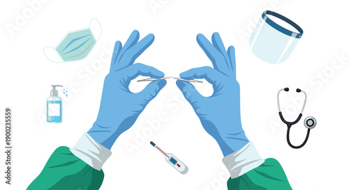 Medical professional's gloved hands holding tweezers, surrounded by essential protective equipment for clinical safety.