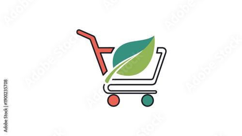A shopping cart icon with a large leaf inside. A red handle and green/red wheels