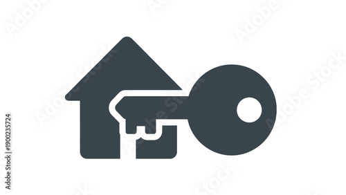 An icon featuring a house and a key combined as a single graphic on a white background