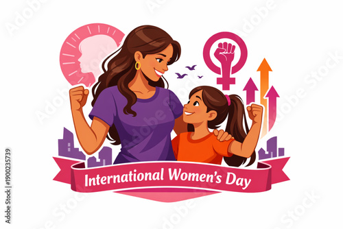 Empowered Mother and Daughter Vector for International Women’s Day on White Background