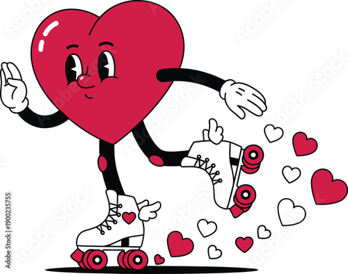 A retro cartoon red heart character roller skating with white skates and wings leaving a trail of small hearts behind for valentines day design.