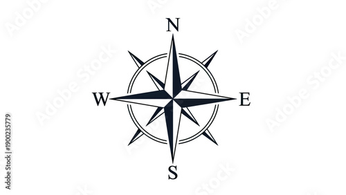 A compass rose graphic with North, South, East, and West indicators. Navigation-focused design