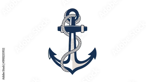 Stylized, dark blue anchor with white rope and details, centered on white background