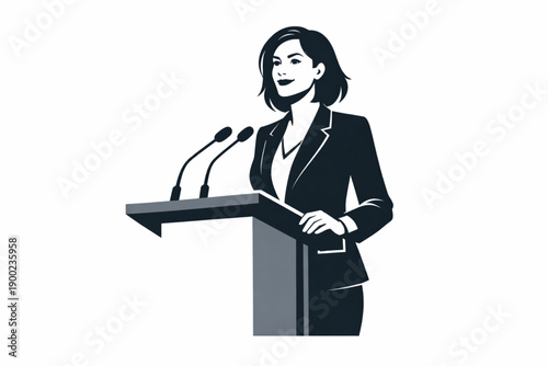 Minimalist Vector Illustration of Confident Female Leader Speaking at Podium on White Background