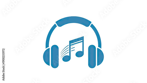 A blue headphone design with a musical note on a white background