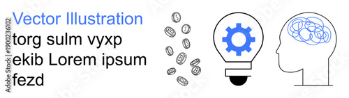 Finance, innovation, productivity, creativity, brainstorming, problem-solving. Coin flow, light bulb with gear brain with neural activity. Finance and innovation concept