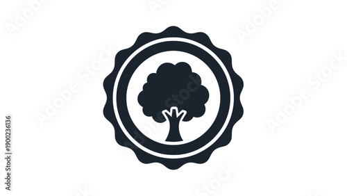 A tree silhouette framed within a circular badge with scalloped edges. A nature icon