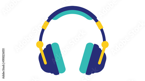 A flat illustration of over-ear headphones with blue, teal, and yellow color accents