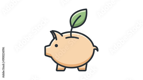 A stylized piggy bank with a green leaf sprouting from the top on a white background