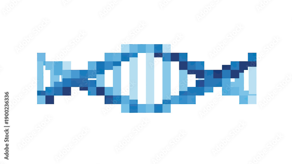 Fototapeta premium Digital illustration of a blue DNA double helix structure, pixelated on a white background